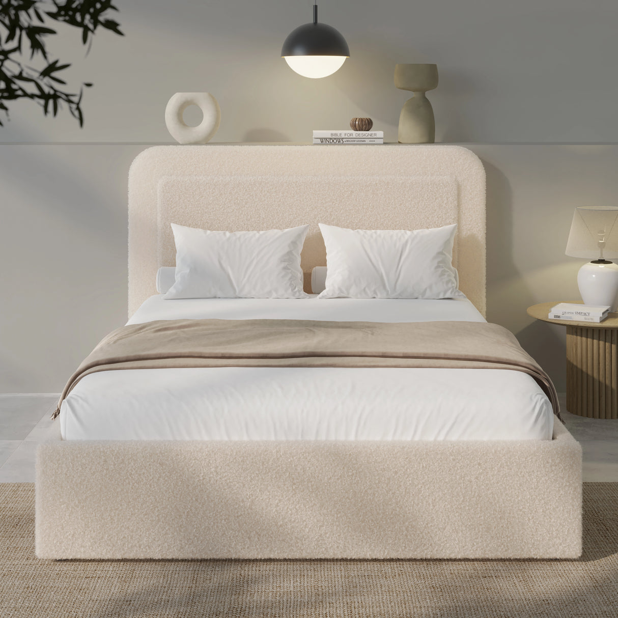 Beige upholstered bed with white bedding in a modern bedroom setting.