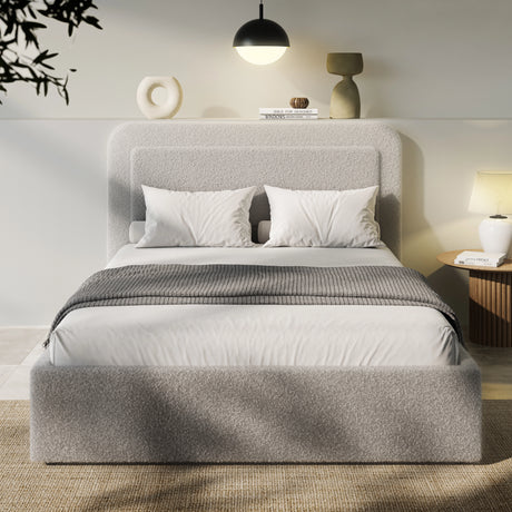 Boucle upholstered ottoman storage bed with curved headboard in light grey, featuring gas-lift storage and modern platform design for stylish bedrooms.