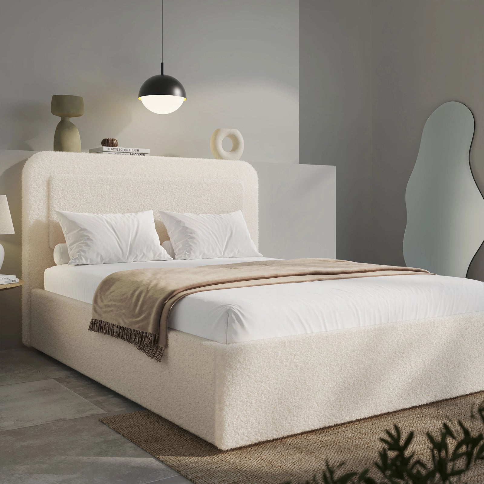 Wide angle of beige boucle king ottoman bed, gas-lift base with folded striped throw across foot
