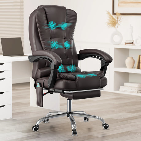 brown PU leather pc chair with ergonomic back, footrest, and massage features placed in a smart home office