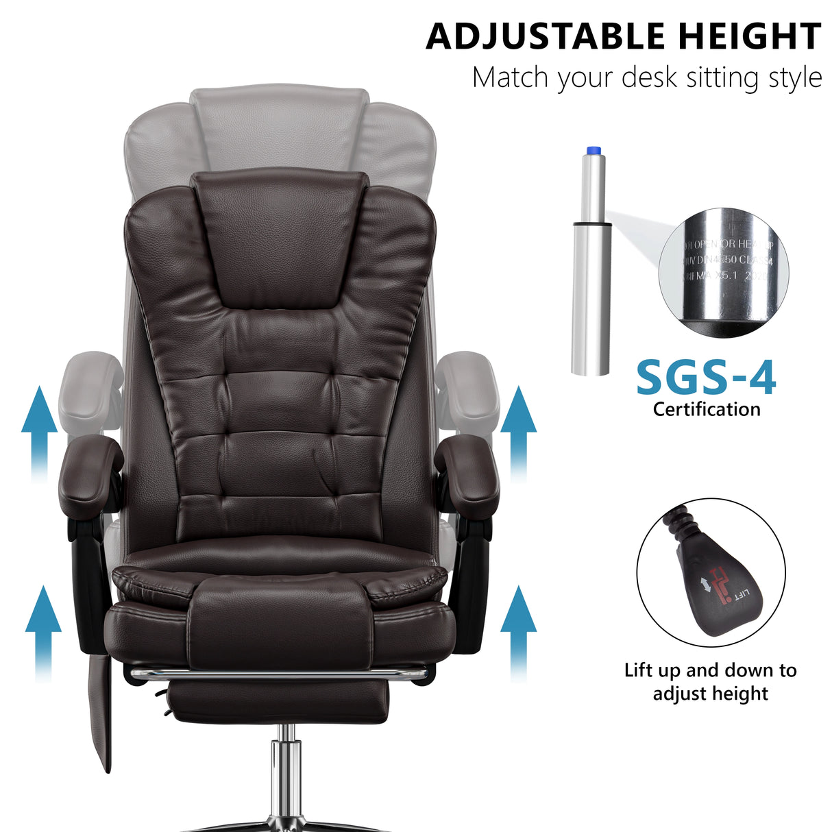vibrating desk chair in brown PU leather with height adjustment graphics and close-up of piston and control knob