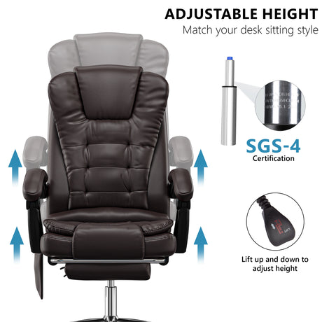 vibrating desk chair in brown PU leather with height adjustment graphics and close-up of piston and control knob