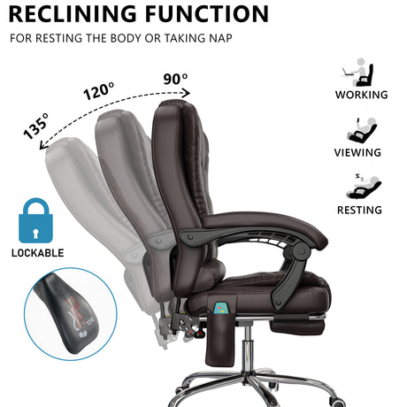 brown office chair reclined from 90° through 135°, inset highlights the knob used for adjusting the tilt angle