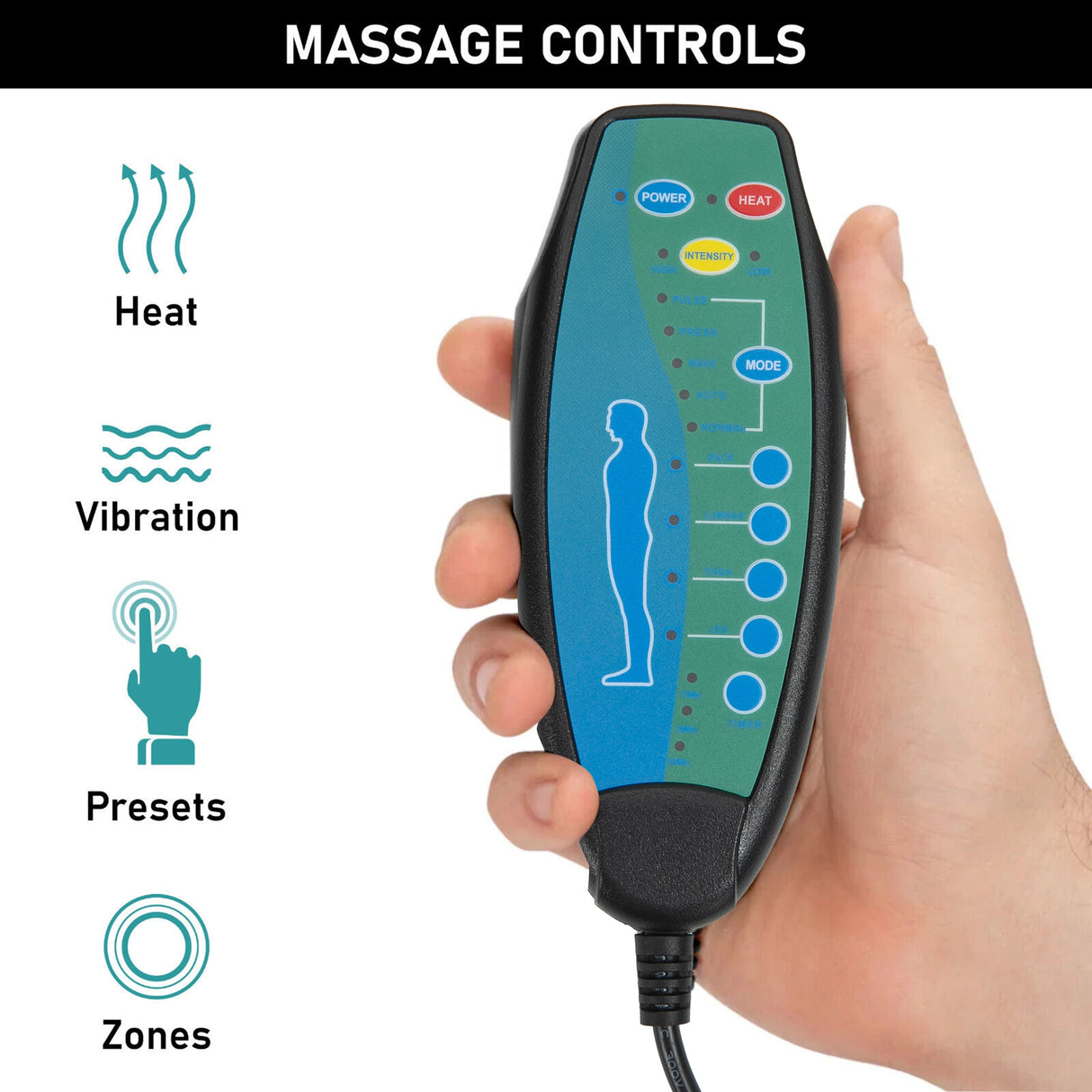 Hand holding a massage control device with icons for heat, vibration, presets, and zones.