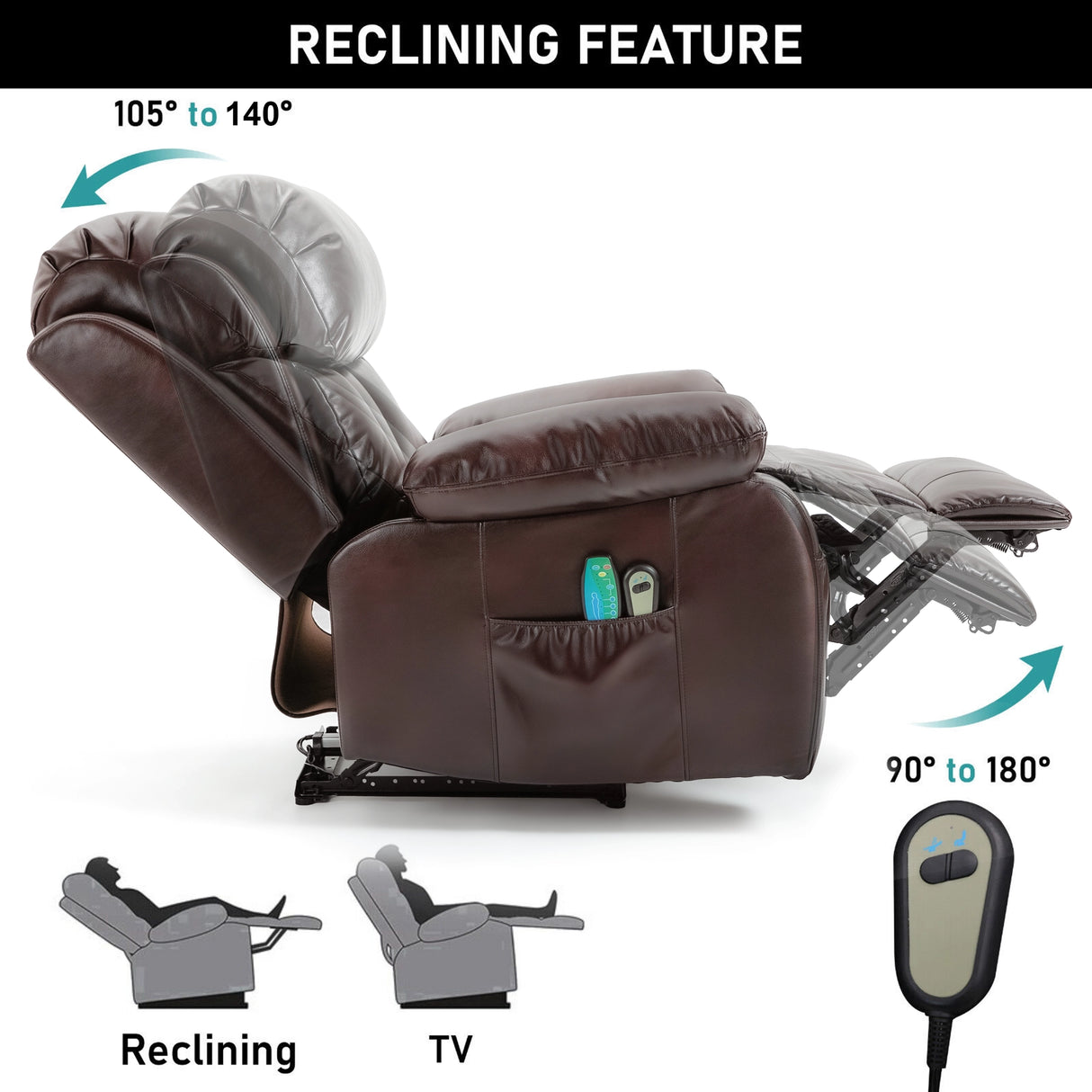 Brown recliner chair with reclining and TV features, and a remote control on a white background.