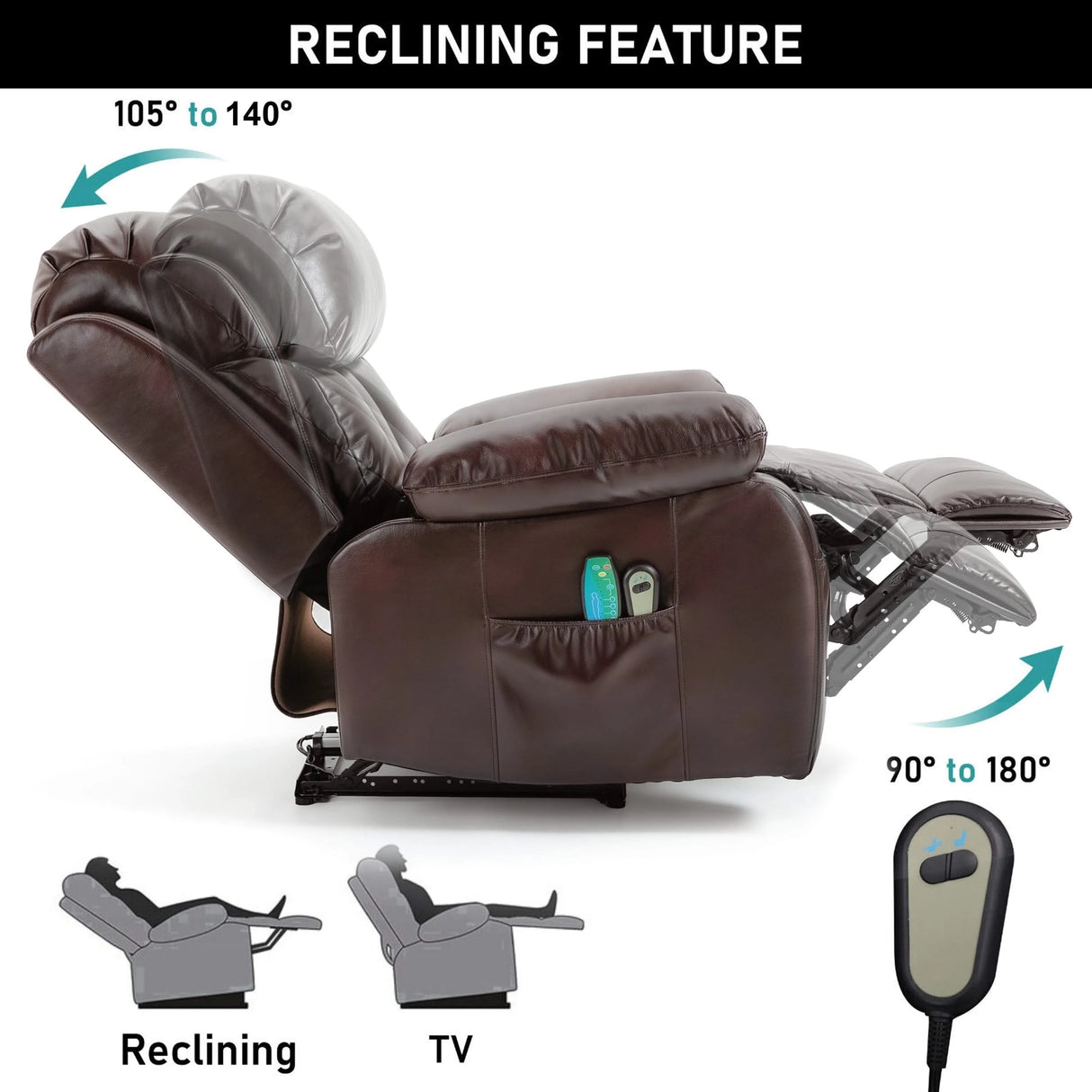 Brown electric recliner chair in reclined position from 90° to 180°, ideal for TV watching and relaxation, with side pockets and remote.