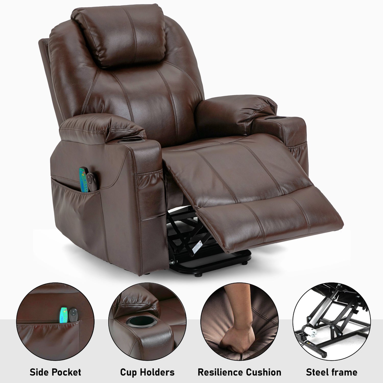 Brown leather recliner chair with features highlighted on a white background