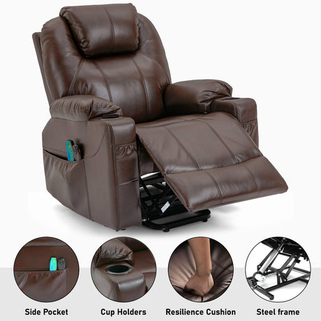 Brown leather recliner chair with features highlighted on a white background