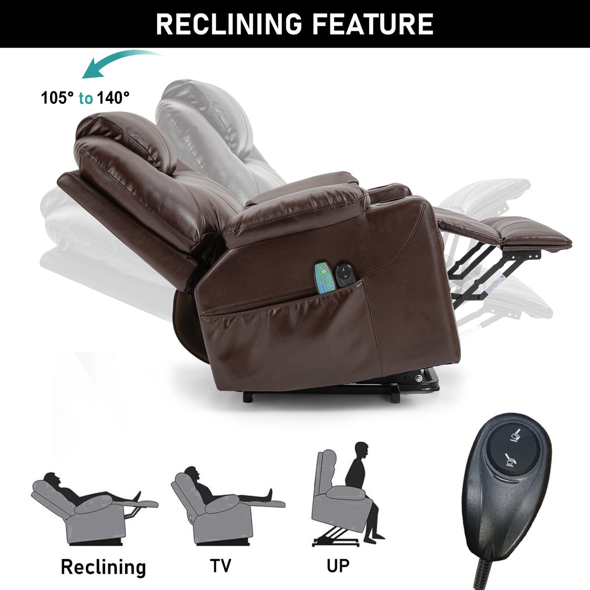 Brown recliner chair with reclining feature illustration and remote control on a white background