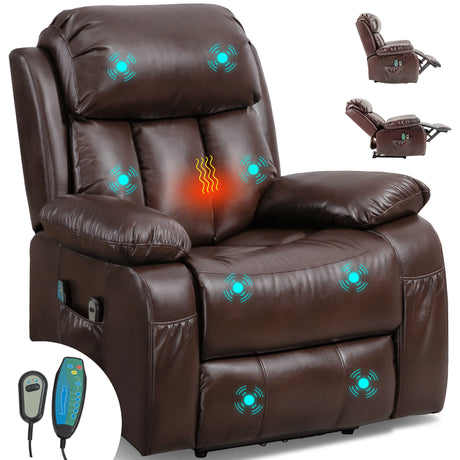 Brown leather recliner chair with heating and massage functions, shown with remote controls.