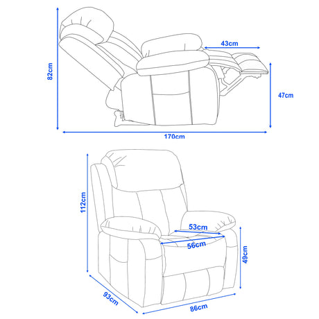 Dimensions of a recliner chair shown with blue lines and measurements on a white background