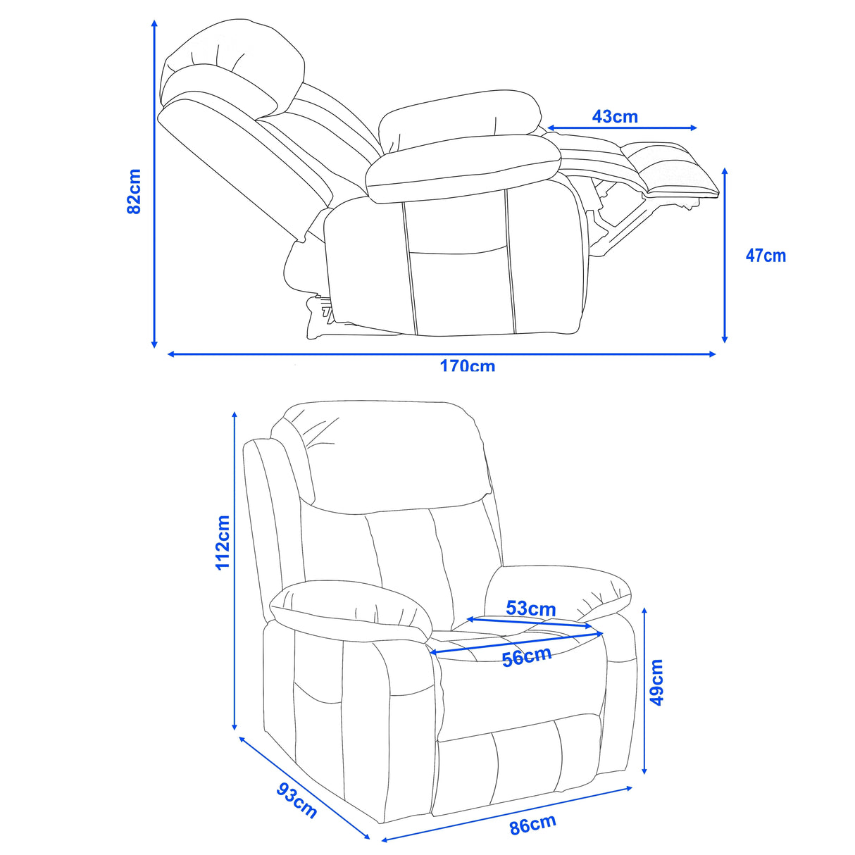 Detailed dimensions of brown electric recliner chair with heat and massage, including seat width, height, and recline length for ergonomic fit.