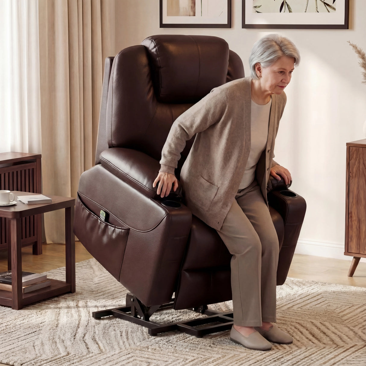 Electric Recliner Chair For Elderly in brown leather with riser function, helping an elderly woman stand up in a cozy living room setting.