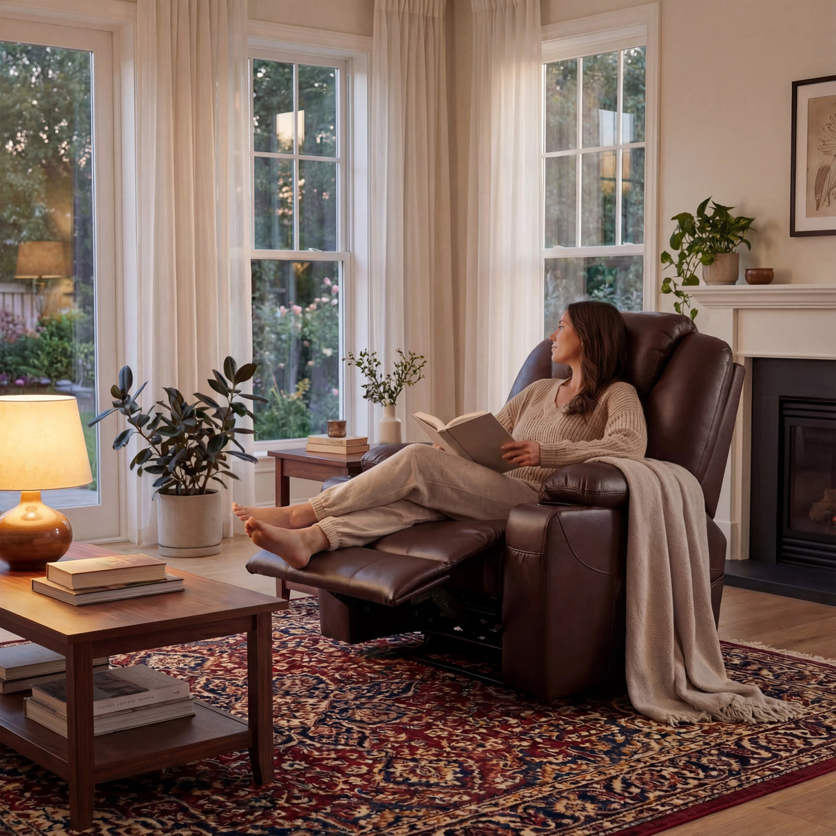 Electric Recliner Chair For Elderly in brown leather with heat and massage, shown in a cozy living room with a woman reading and relaxing.