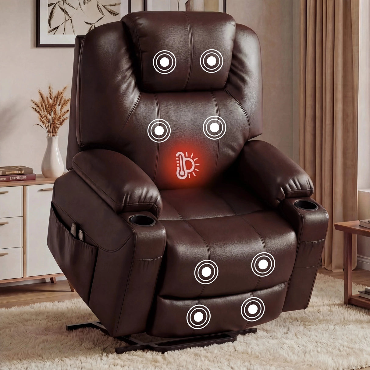 Electric Recliner Chair For Elderly | Riser Massage Armchair in brown leather with heat and massage zones, ideal for living rooms or senior care.