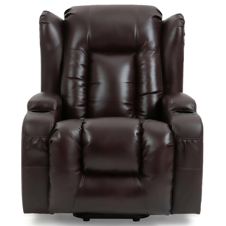 Front view of brown leather recliner chair with plush cushioning. Ideal for living room comfort and elderly support.