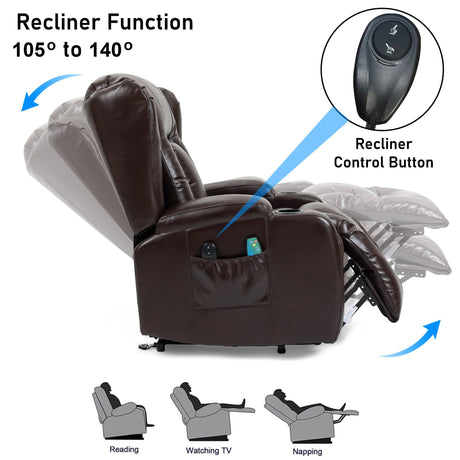 Brown recliner chair showing reclining angles with control button. Perfect for reading, relaxing, or watching TV.