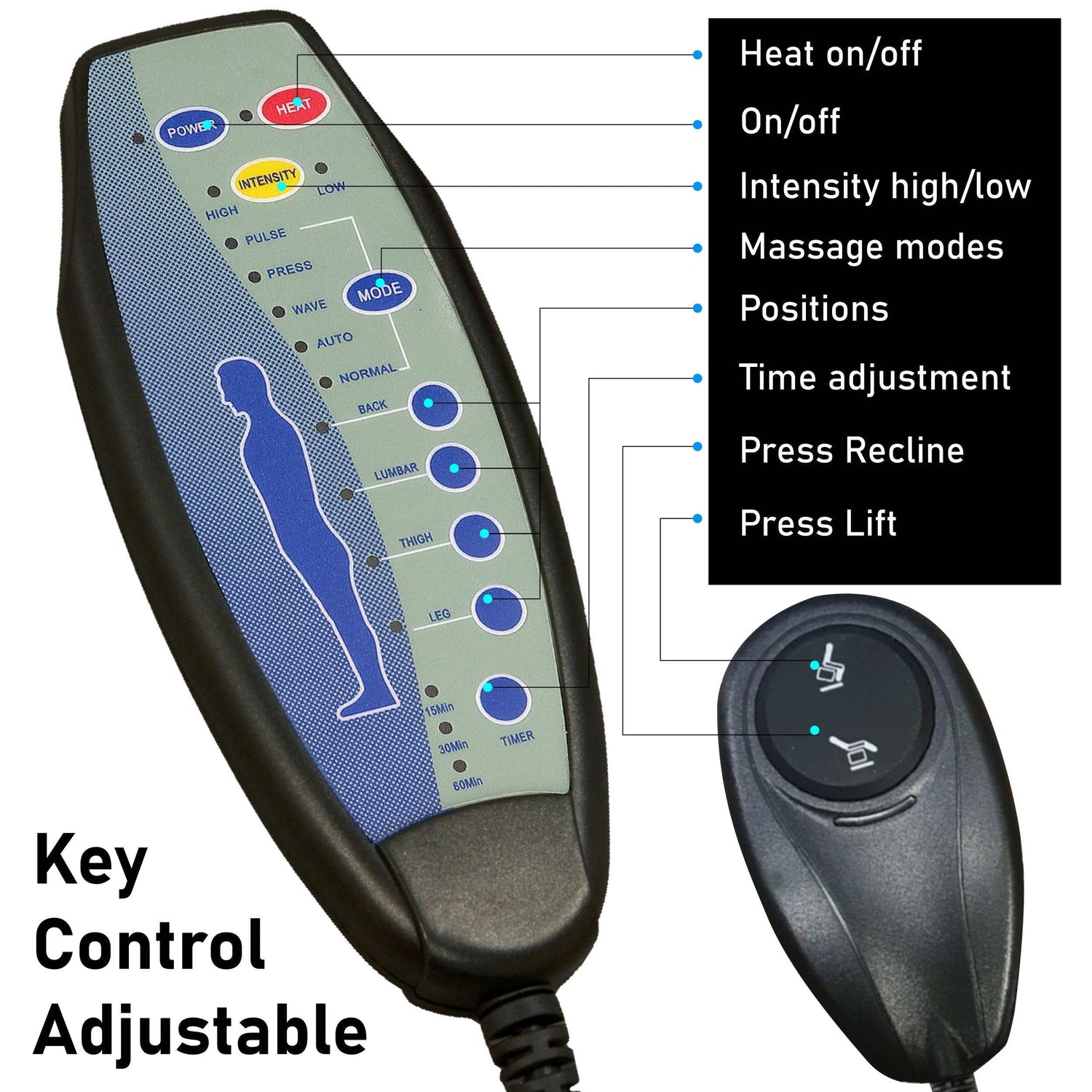Brown single recliner chair's armrest featuring remote control panel to control lift up and massage duration, time, and mode