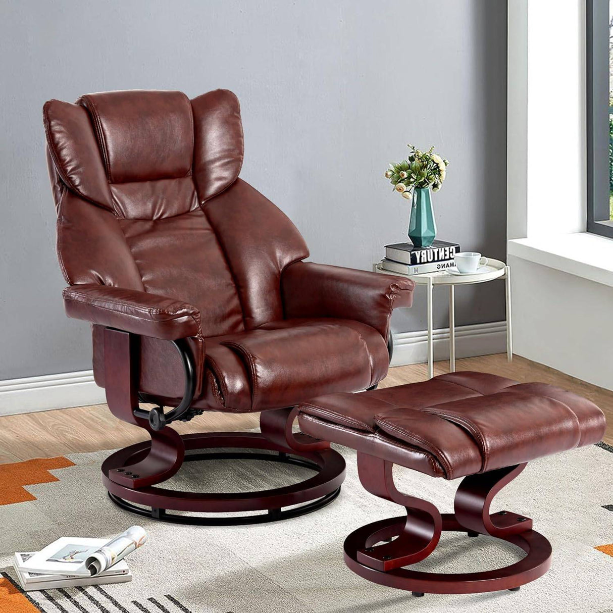 Brown leather Recliner Swivel Armchair With Footstool | Lounge Chair in cozy room setting, ideal for stylish and supportive lounging.