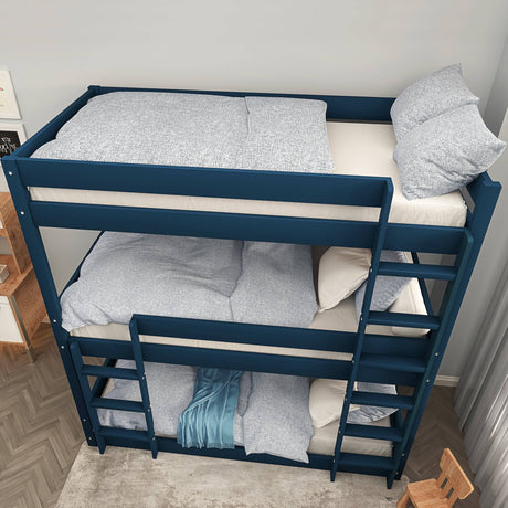 Top-down view of blue triple bunk bed with grey bedding, showing vertical layout for space-saving.