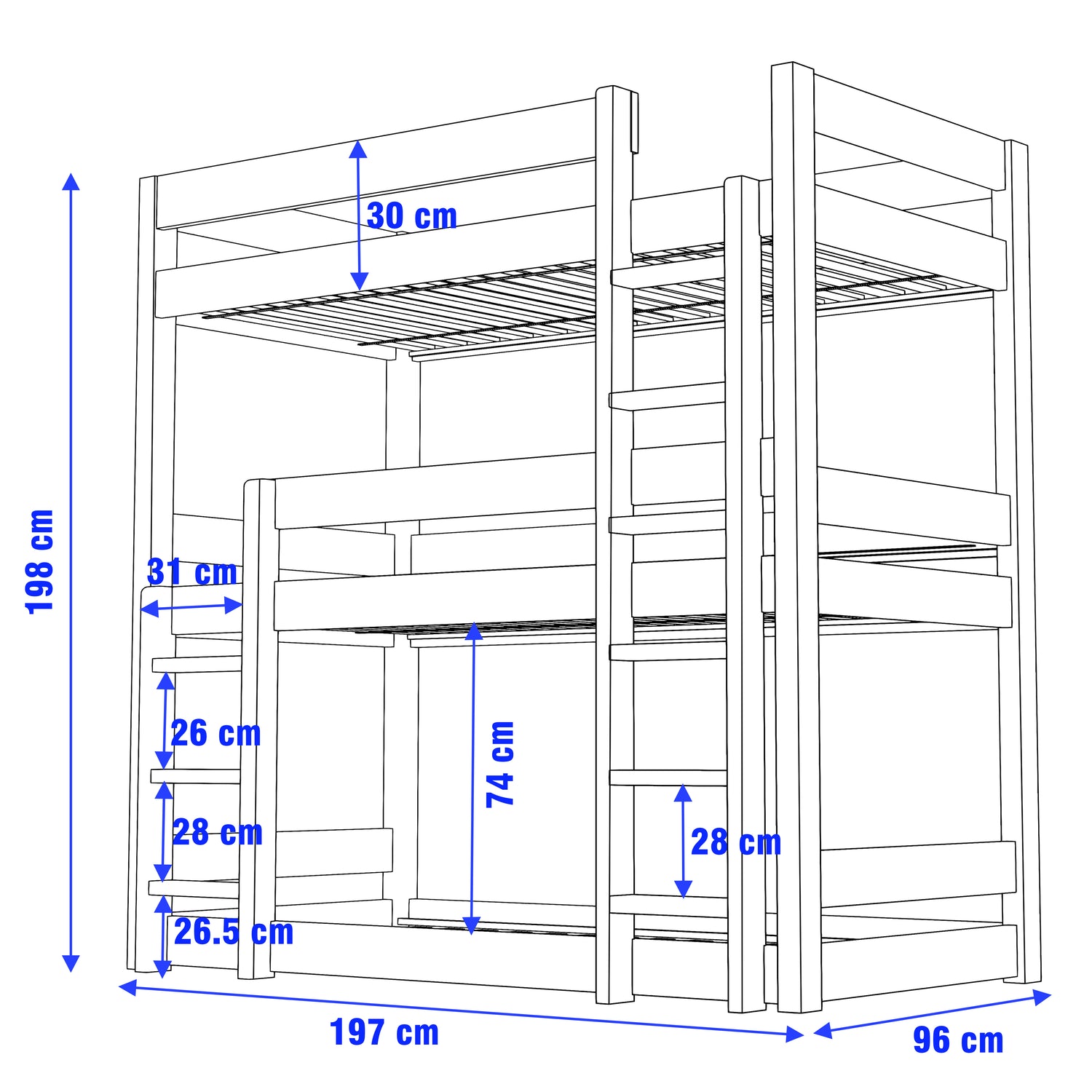grey triple bunk bed dimensions: Height 198cm, width 96cm, and length 197 cm, with 74cm distance between bunks.