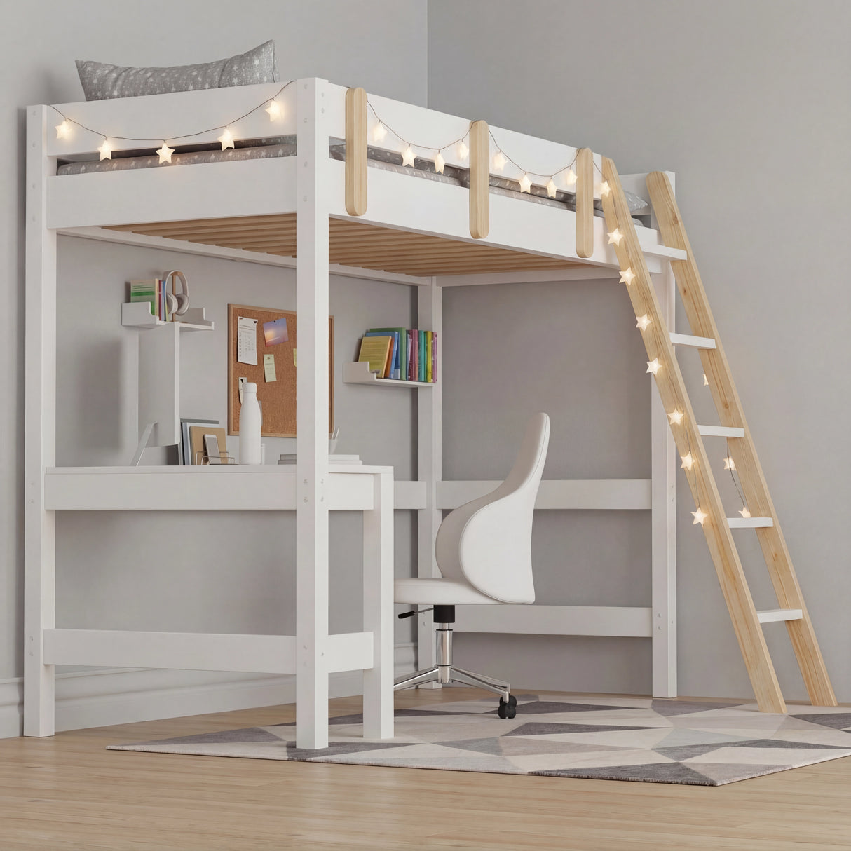 Bunk bed with desk - high sleeper loft bed frame for kids in white wood with angled ladder, safety rails, and under-bed study area with chair and shelves.