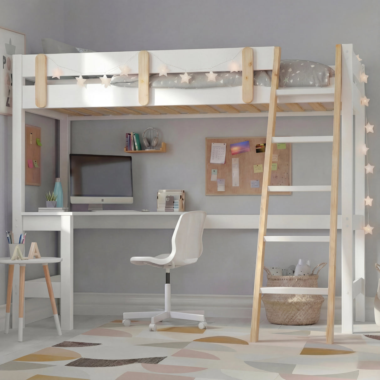 Bunk bed with desk - high sleeper loft bed frame for kids in white wood finish, featuring a built-in study desk, ladder, and safety rails. Ideal space-saving furniture for children's bedrooms.