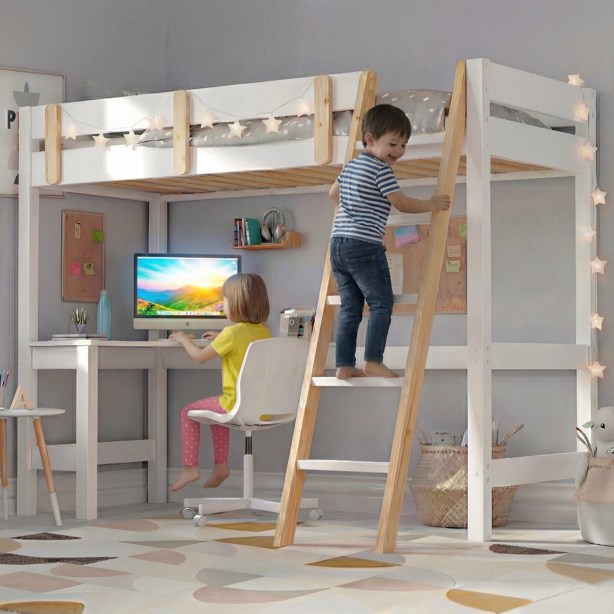 Bunk Bed With Desk - High Sleeper Loft Bed Frame For Kids in white wood with natural accents, featuring a built-in study desk and ladder. Ideal for space-saving children's bedrooms with safety rails and cozy decor.