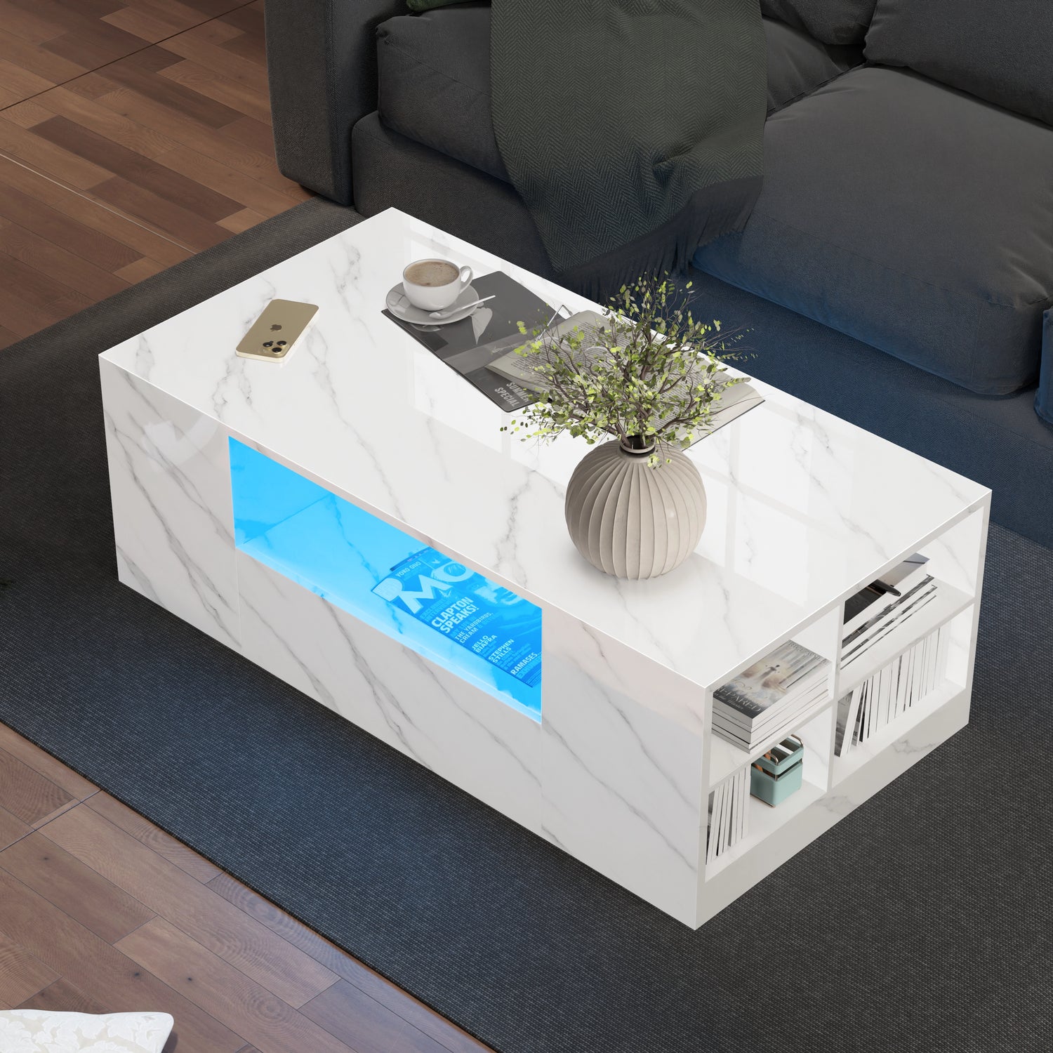 High gloss white marble LED coffee table with storage drawers and shelves, perfect for modern living rooms. Features blue LED lighting and sleek design.