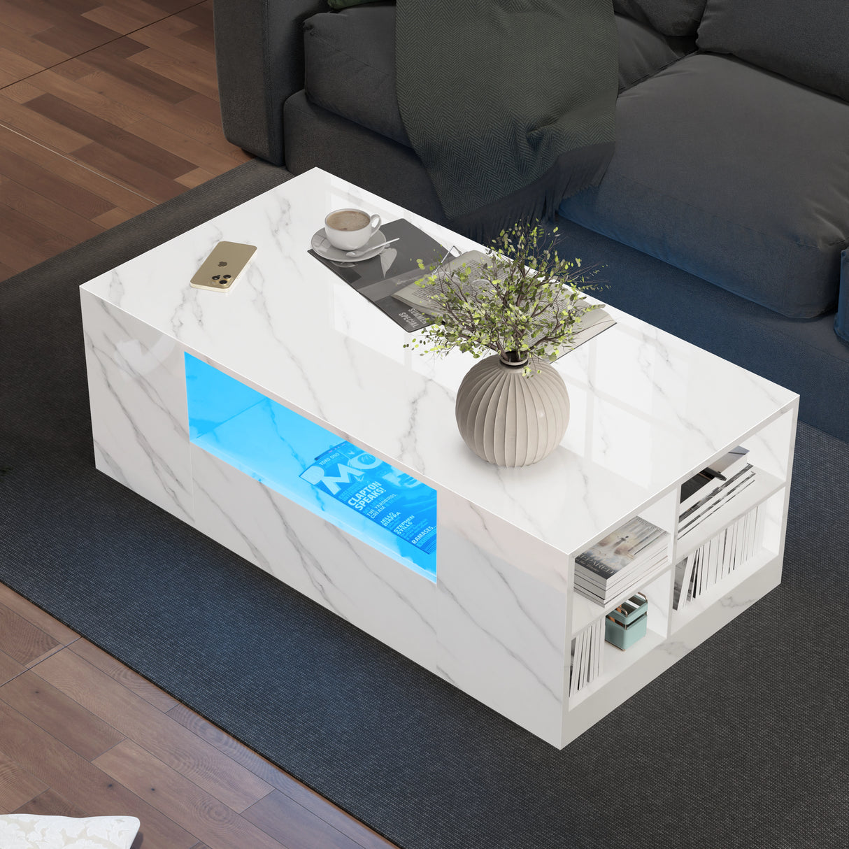 High gloss white marble LED coffee table with storage drawers and shelves, perfect for modern living rooms. Features blue LED lighting and sleek design.