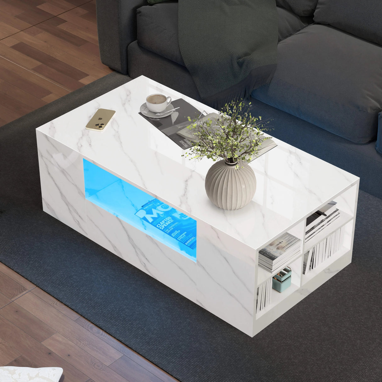 High gloss white marble LED coffee table with storage drawers and shelves, perfect for modern living rooms. Features blue LED lighting and sleek design.