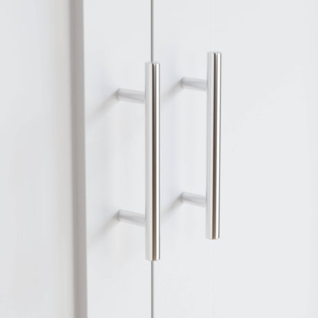 Close-up of sleek silver handles on Shaker 2 Door Wardrobe, part of a modern white bedroom furniture set for stylish storage solutions.