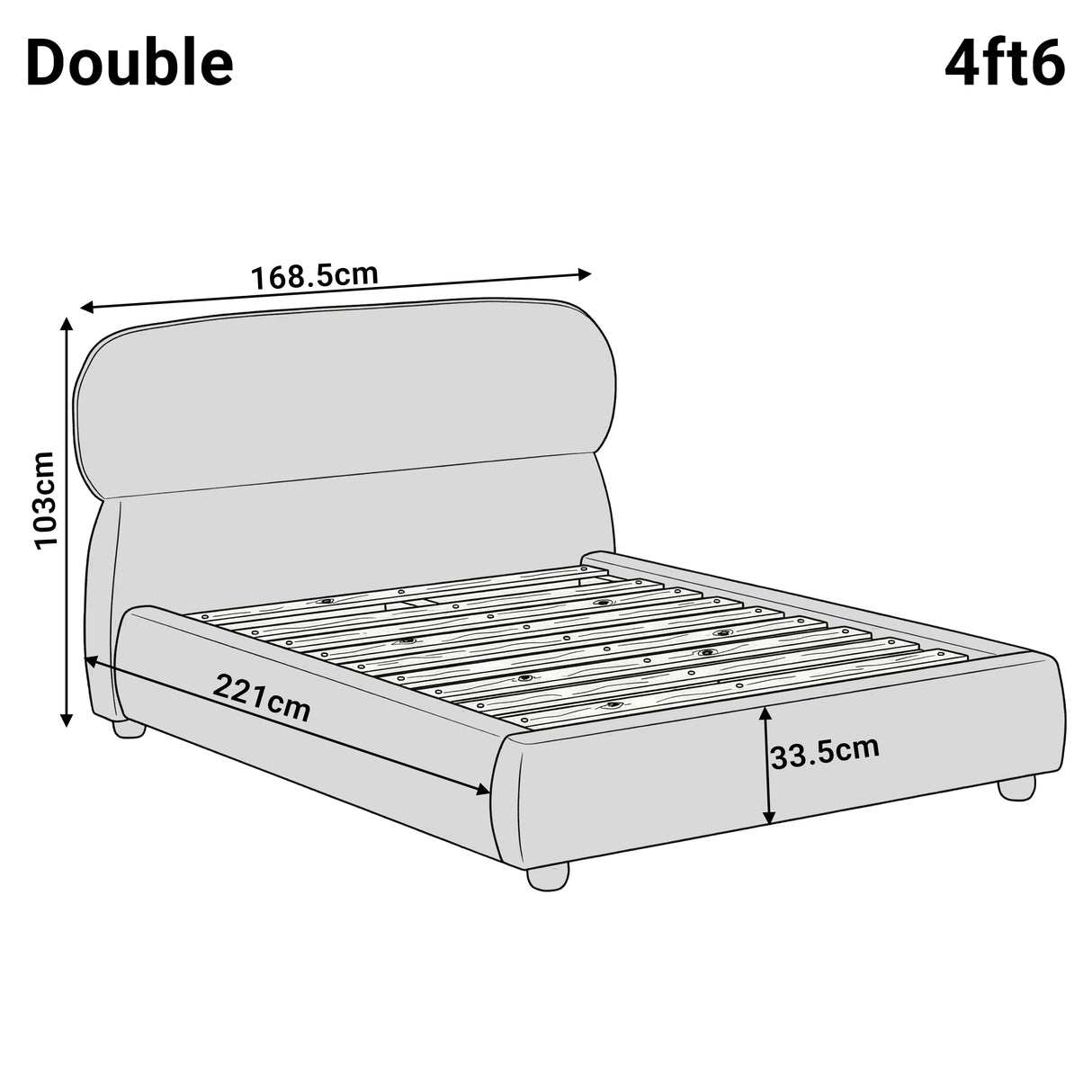 Dimensions diagram showing double-size camel bed measurements: length 221 cm, width 168.5 cm, and height 103 cm