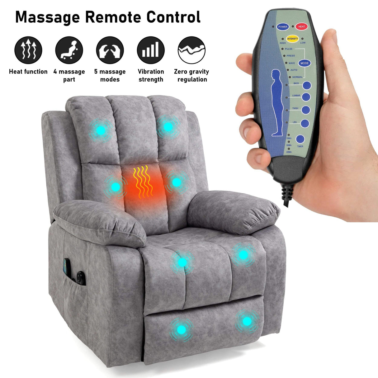 Camel velvet single recliner chair control panel to regulate massage intensity, mode, duration, and reclining