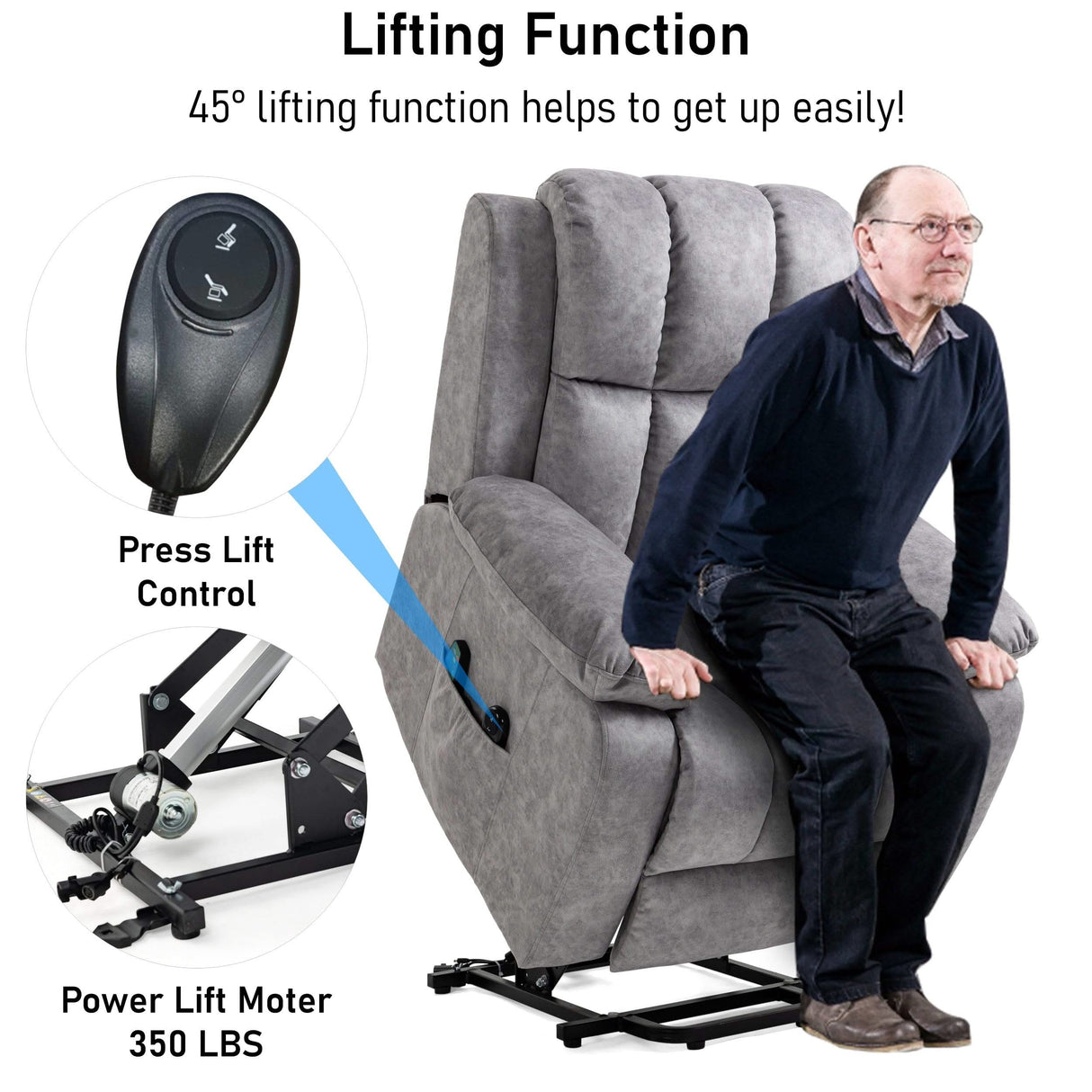 Elderly man using lift assist on Camel recliner chair electric with 45° tilt for easy standing support.