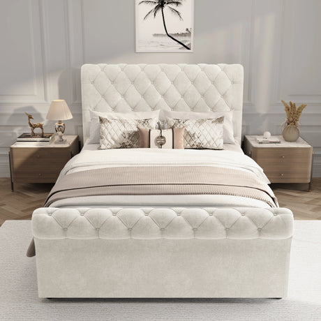 Beige upholstered bed with tufted design in a bedroom setting.
