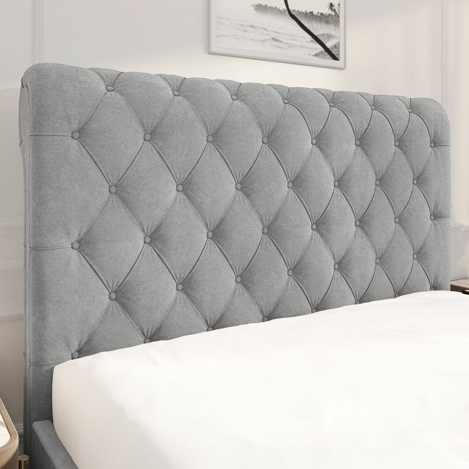 Chesterfield Ottoman Storage Bed with side lift in light grey fabric featuring a deep button-tufted headboard. Elegant platform bed frame with hidden storage.