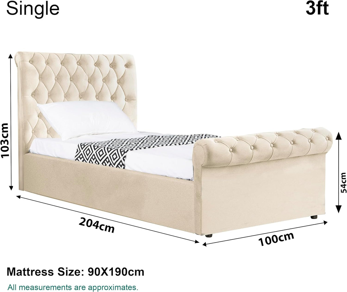 Single bed size dimensions 103x204x100 cm, ideal for compact rooms or children's bedrooms