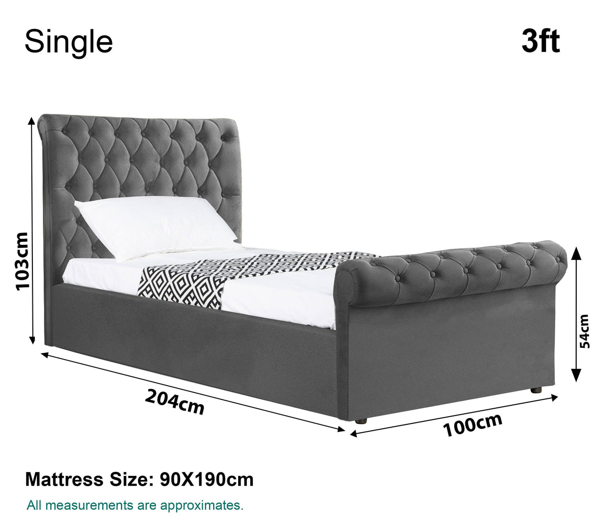 Single bed size cm 103x204x100, ideal for compact rooms or children’s bedrooms