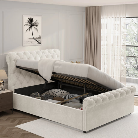 Chesterfield Ottoman Storage Bed with side lift in beige velvet, featuring tufted headboard and hidden under-bed storage for organized bedroom space.