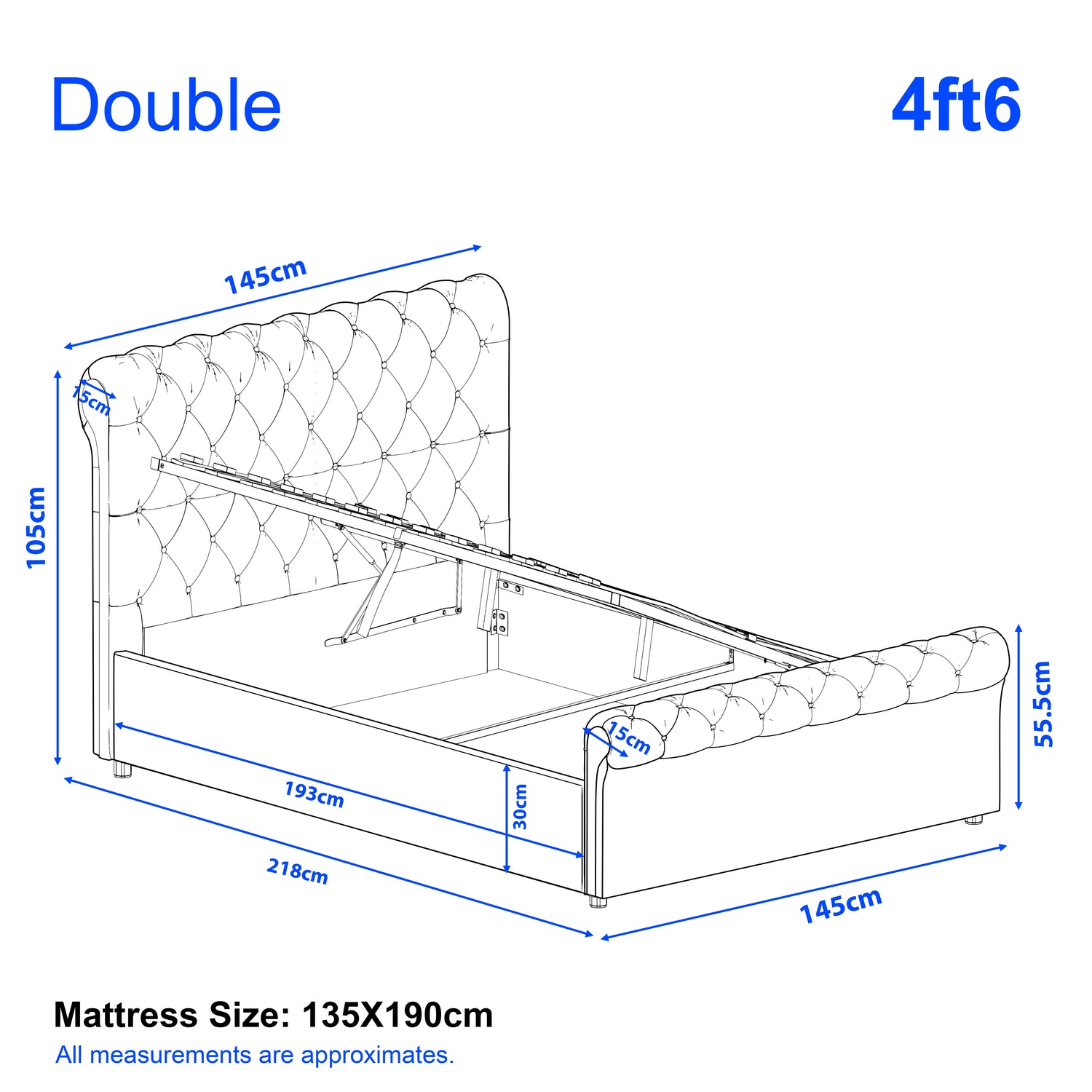 Chesterfield Ottoman Storage Bed - Side Lift Ottoman Bed Frame in double size with dimensions 4ft6, featuring tufted headboard and underbed storage.