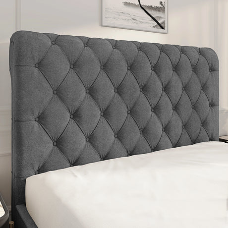 Chesterfield Ottoman Storage Bed with side lift in dark grey fabric, featuring a tufted headboard design ideal for modern bedroom interiors.