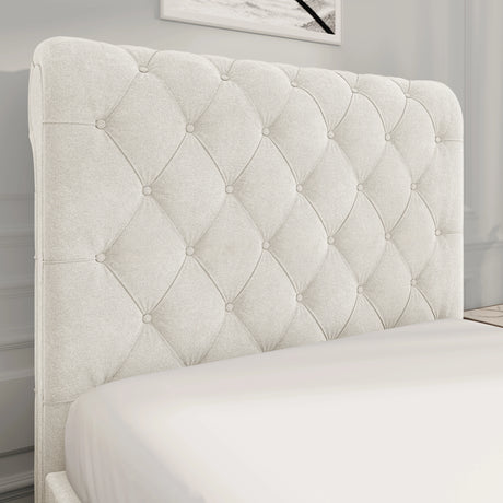 Chesterfield Ottoman Storage Bed with side lift in beige fabric featuring a classic tufted headboard. Elegant platform bed frame with hidden storage.