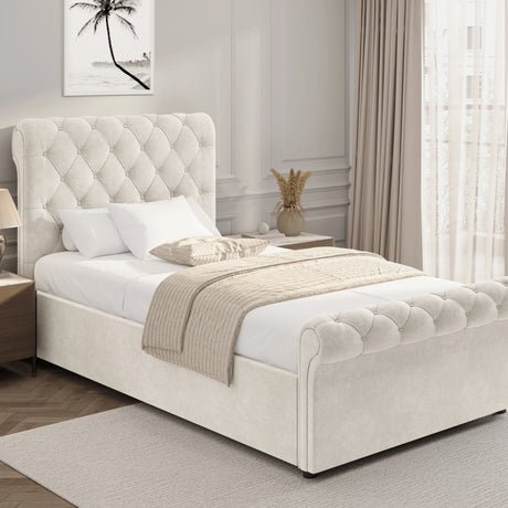 Chesterfield Ottoman Storage Bed in beige with side lift mechanism, tufted headboard and footboard, ideal for elegant bedroom storage solutions.