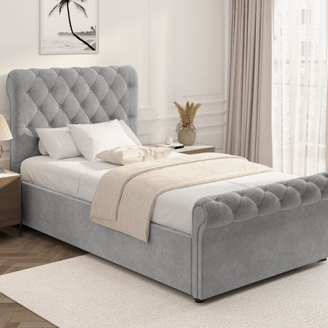 Chesterfield Ottoman Storage Bed in light grey with side lift mechanism, tufted headboard and footboard, ideal for stylish bedroom storage solutions.