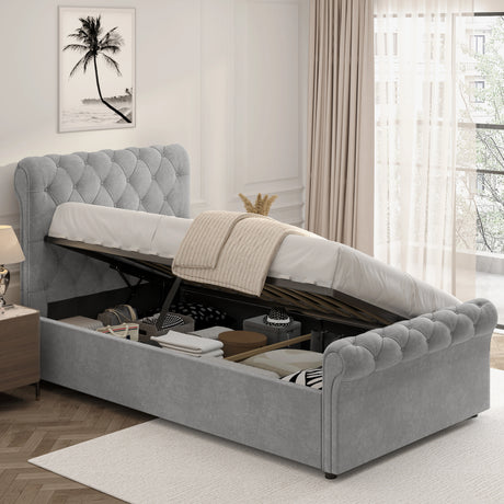 Chesterfield Ottoman Storage Bed with side lift in light grey velvet, featuring tufted headboard and hidden under-bed storage for organized bedroom space.