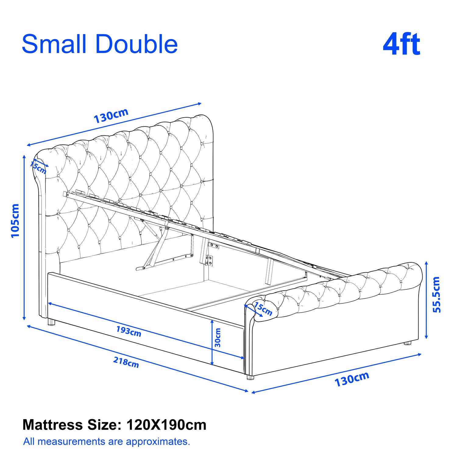 Chesterfield Ottoman Storage Bed 4ft small double with side lift mechanism, tufted headboard, and under-bed storage, 120x190cm dimensions.