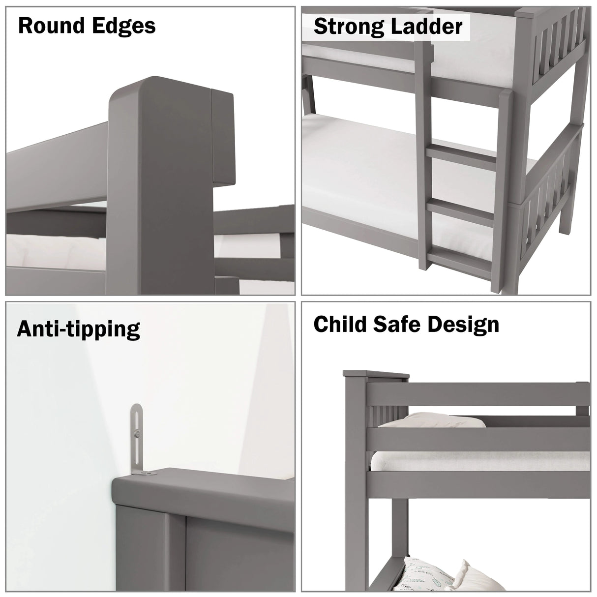 Collage showing safety features of grey children's double bunk bed: ladder, rounded edges, anti-tip guards