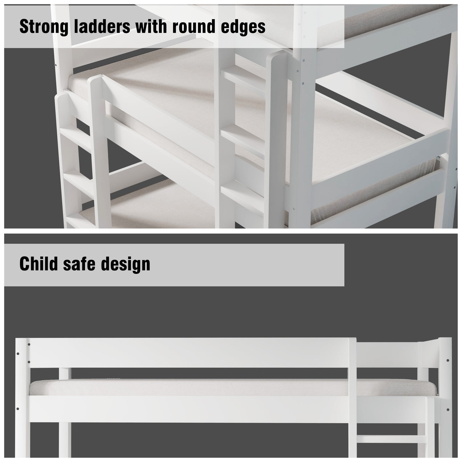 Collage of white triple sleeper details: ladder with rounded edges and strong guardrails on each bunk