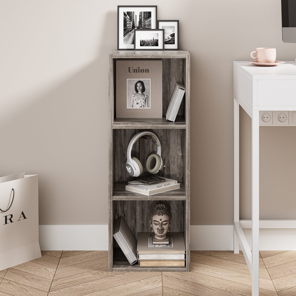 front view of coach wood slimline bookcases holding books and ornaments, ideal for compact living